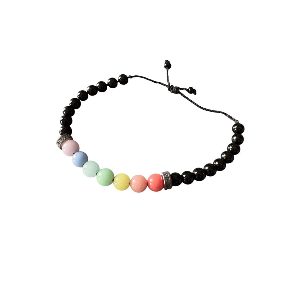 Mixed Gemstone 7 Chakra Adjustable Beaded Bracelet Black Onyx Sliding Knot